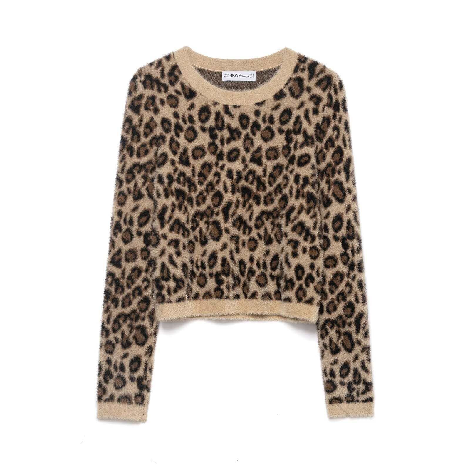 Retro Leopard-Print Crew-Neck Cropped Knitted Sweater